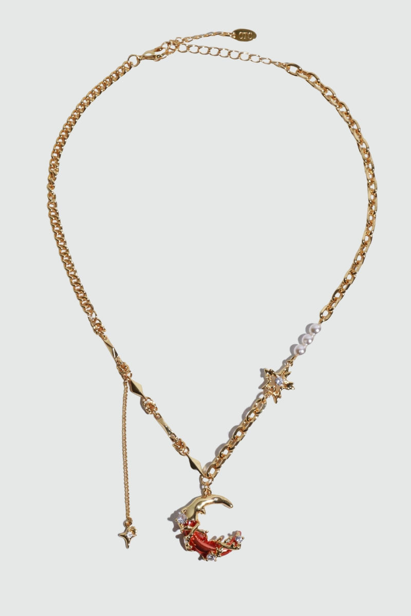 18K gold plated red moon necklace with synthetic pearls and sparkling zirconia