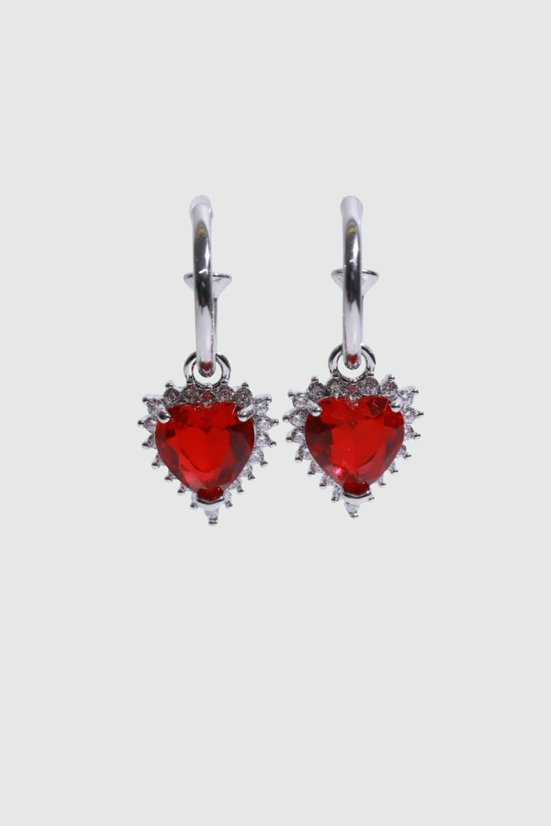 Palladium white gold plated red heart gemstone earrings with zirconia on sterling silver pins
