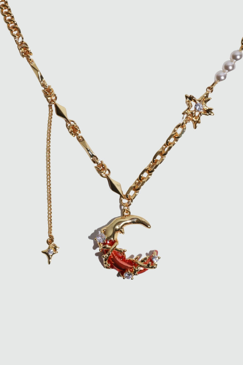 18K gold plated red moon necklace with synthetic pearls and sparkling zirconia