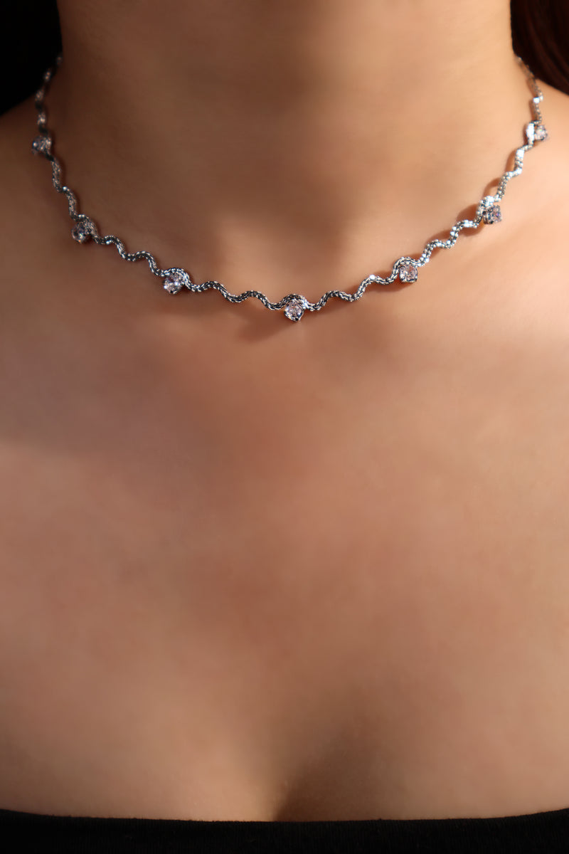 Palladium White Gold Plated Diamond Wave Necklace