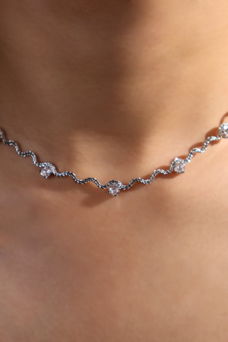 Palladium White Gold Plated Diamond Wave Necklace