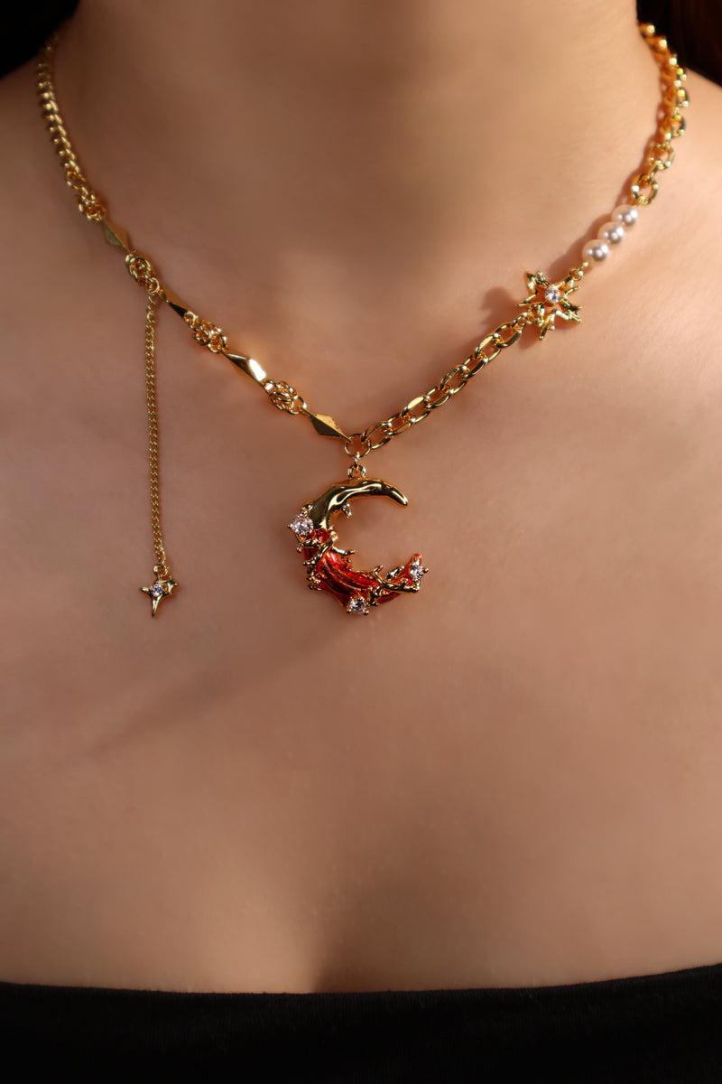 18K gold plated red moon necklace with synthetic pearls and sparkling zirconia