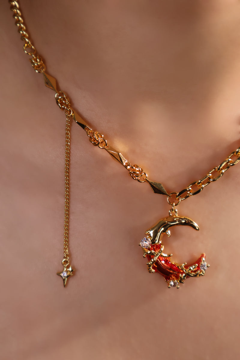 18K gold plated red moon necklace with synthetic pearls and sparkling zirconia