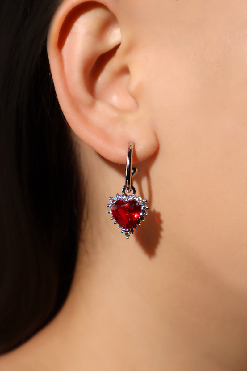 Palladium white gold plated red heart gemstone earrings with zirconia on sterling silver pins