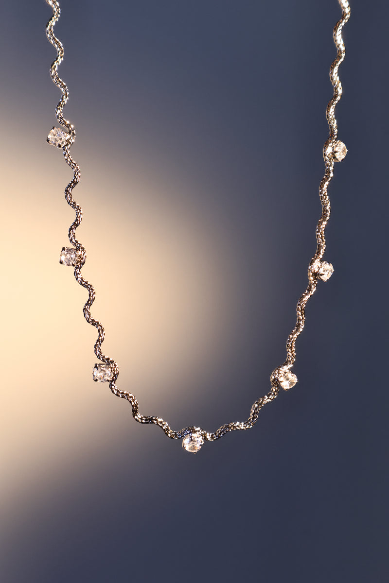 Palladium White Gold Plated Diamond Wave Necklace