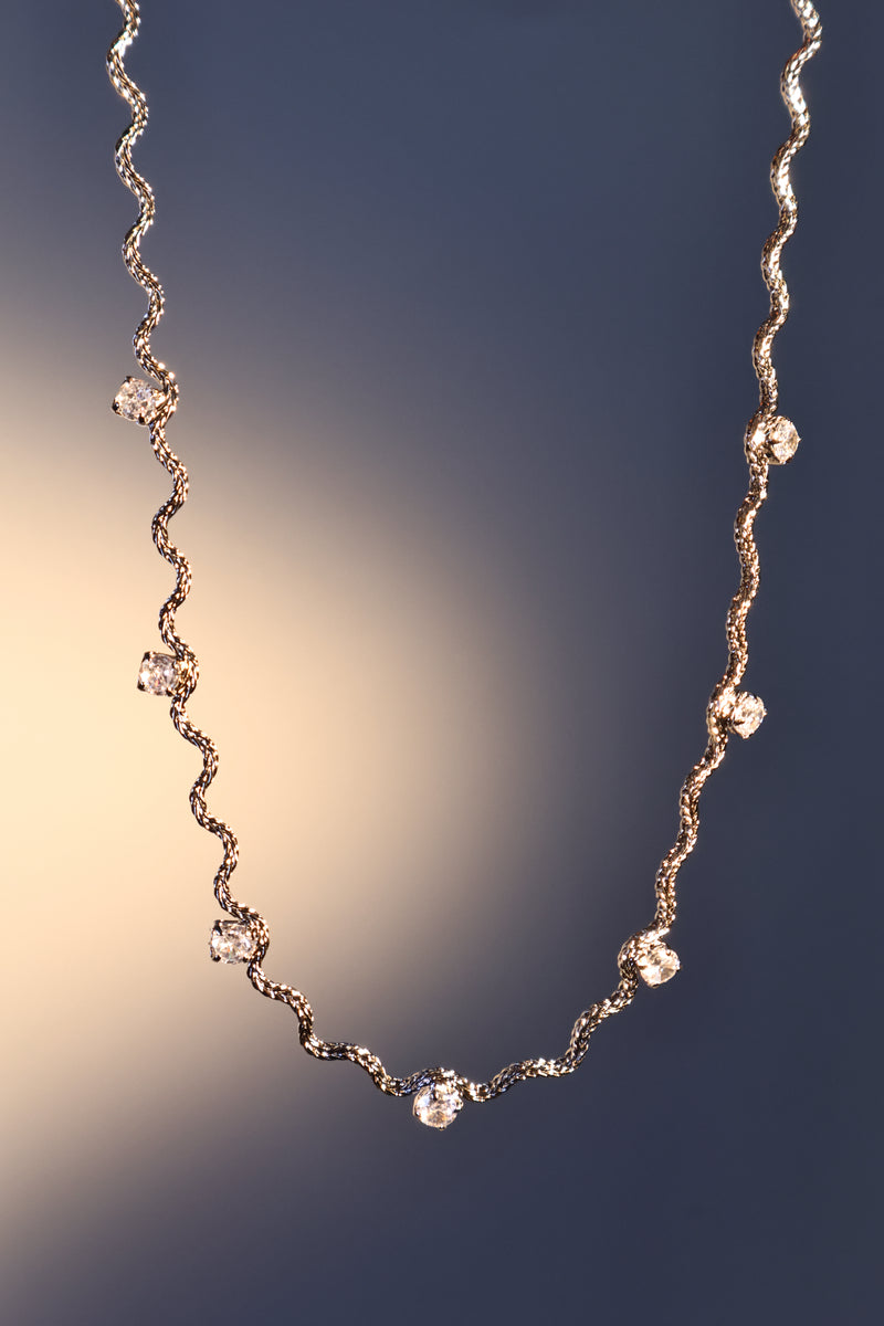 Palladium White Gold Plated Diamond Wave Necklace
