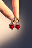 Palladium white gold plated red heart gemstone earrings with zirconia on sterling silver pins
