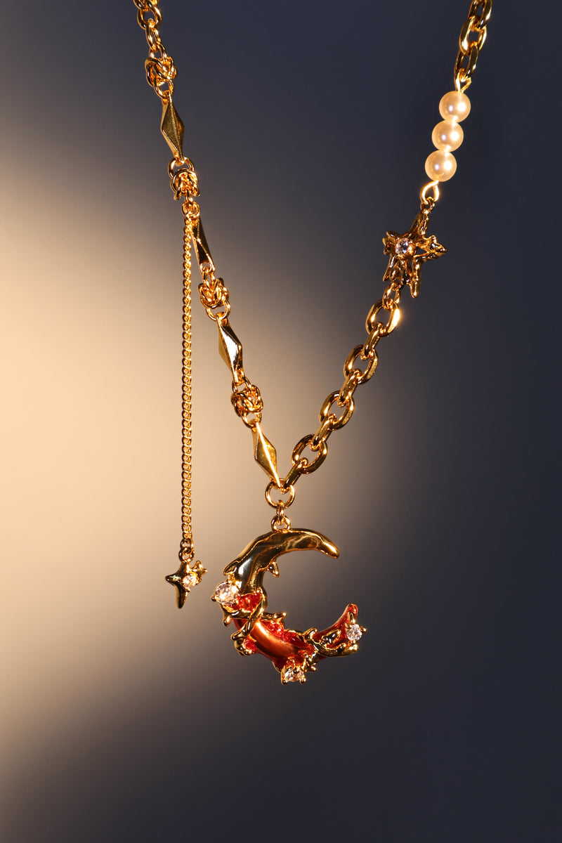 18K gold plated red moon necklace with synthetic pearls and sparkling zirconia