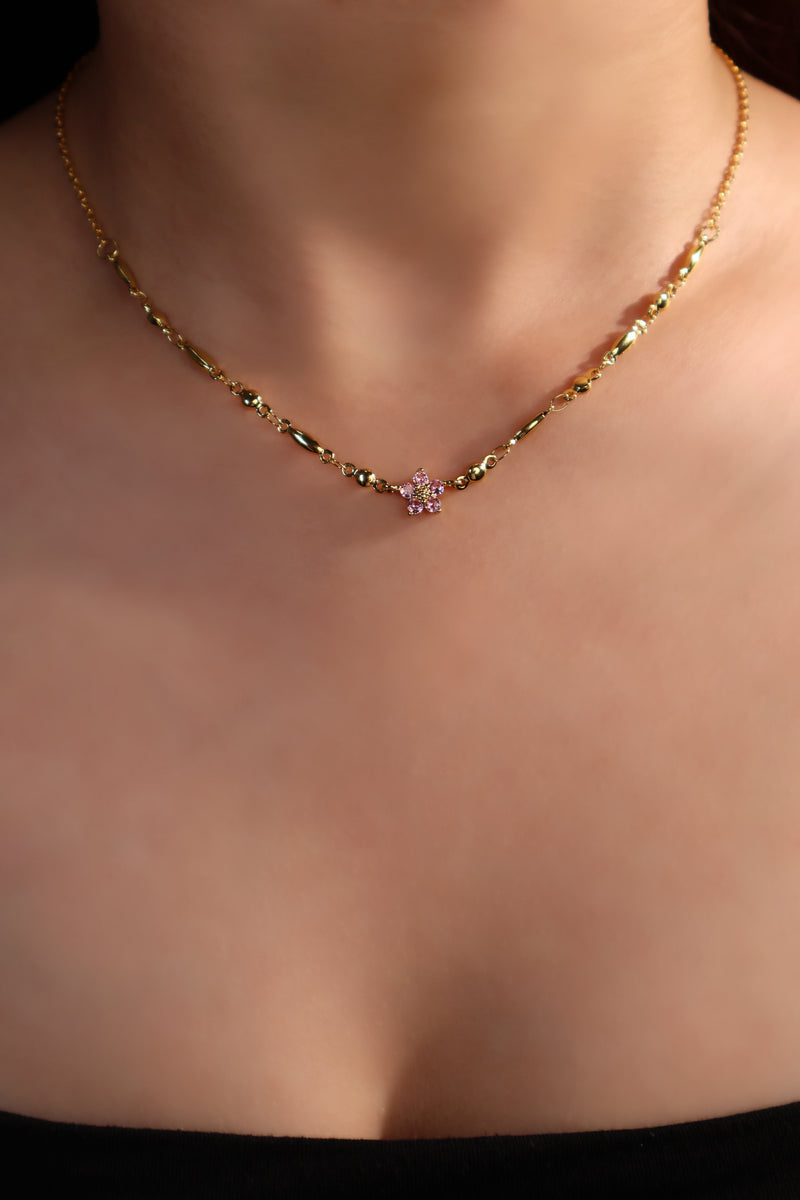 18K gold plated starlight bloom necklace with pink tourmaline zirconia gemstones