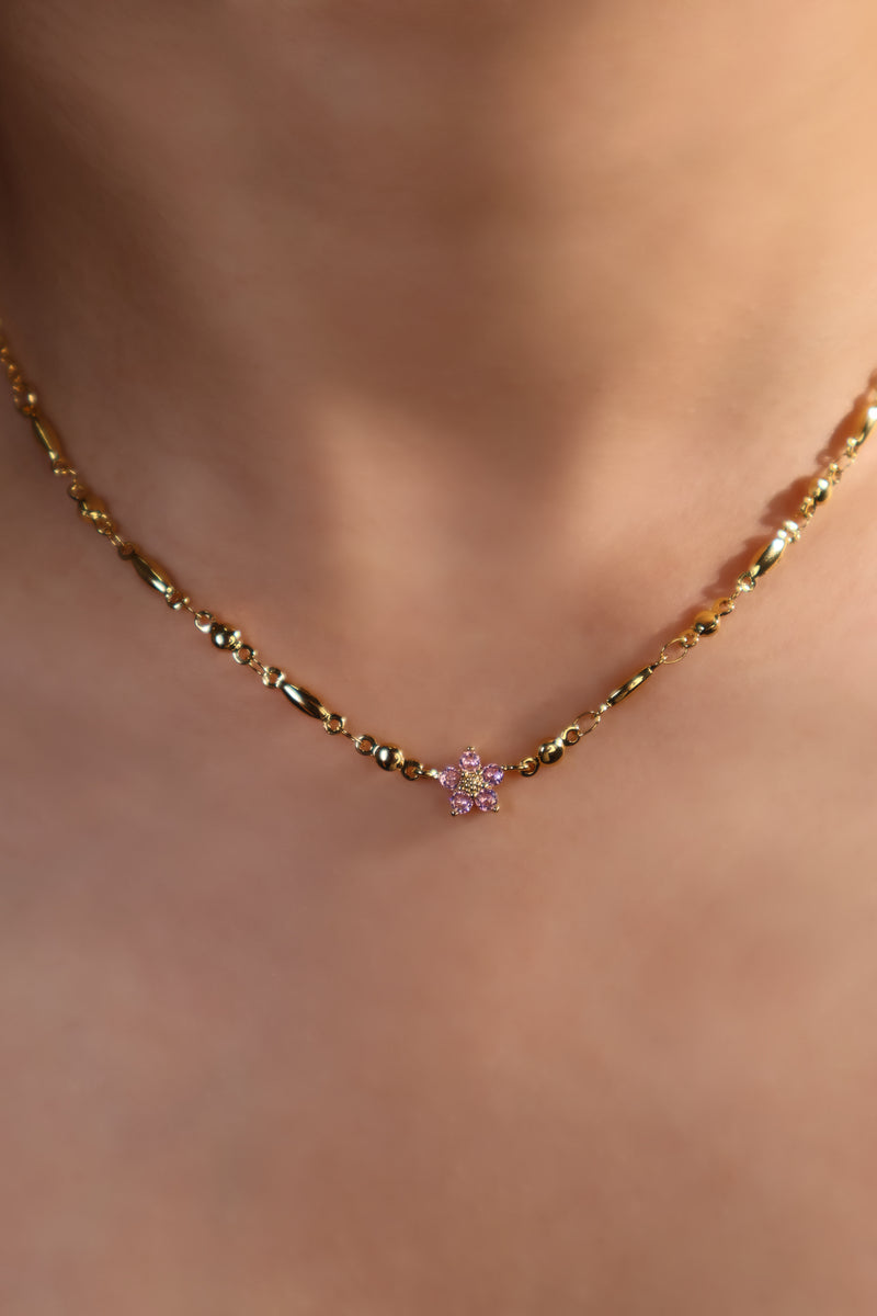 18K gold plated starlight bloom necklace with pink tourmaline zirconia gemstones