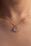 14K gold plated moon and bowknot necklace with sparkling zirconia diamonds