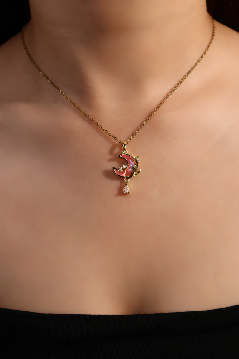 18K gold plated pink rose moon necklace with zirconia diamonds and pink moonstone