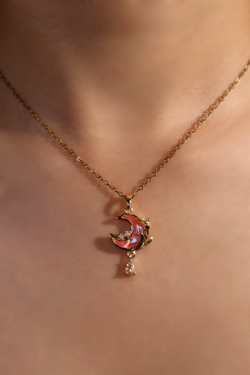 18K gold plated pink rose moon necklace with zirconia diamonds and pink moonstone