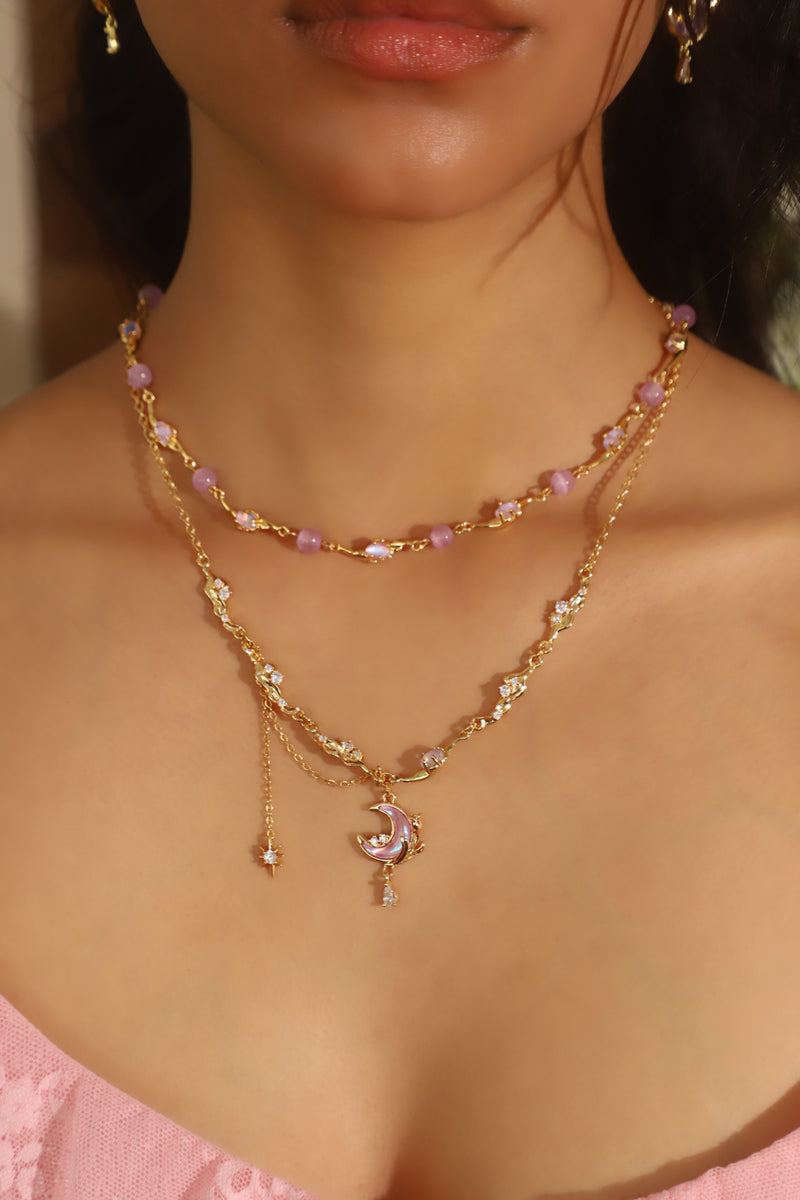 2-in-1 Real Gold Plated Opal & Rose Moon Necklace Bundle