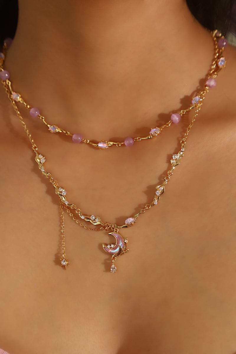 18K Real Gold Plated Sparkle Rose Moon Necklace