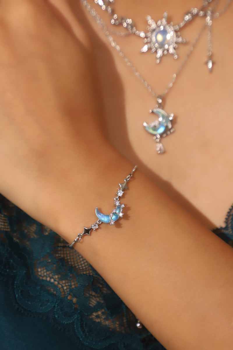 Palladium White Gold Plated Moonstone Moon Star Bracelet