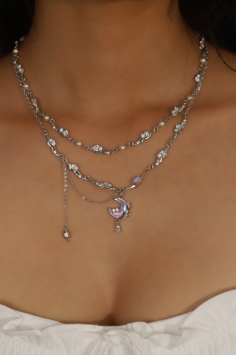 Palladium White Gold Plated Sparkle Rose Moon Necklace