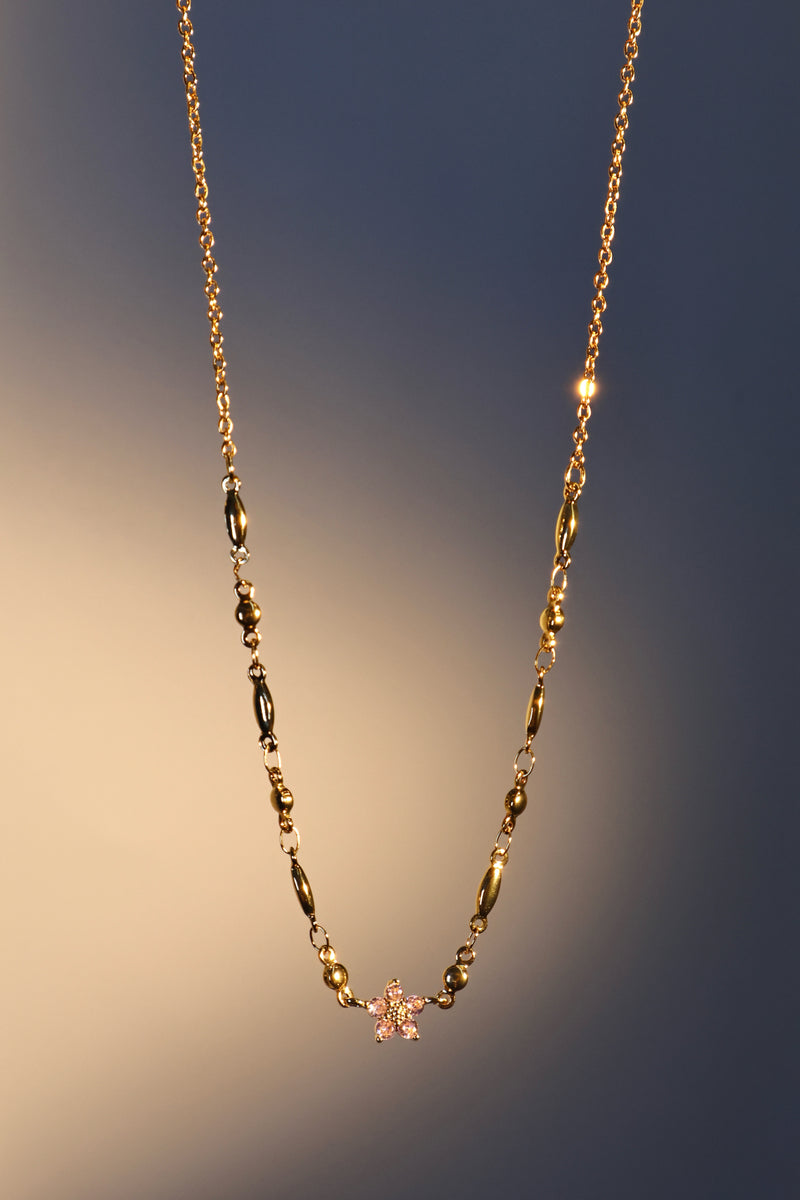 18K gold plated starlight bloom necklace with pink tourmaline zirconia gemstones