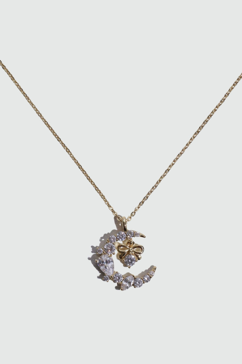 14K gold plated moon and bowknot necklace with sparkling zirconia diamonds