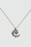 14K gold plated moon and bowknot necklace with sparkling zirconia diamonds