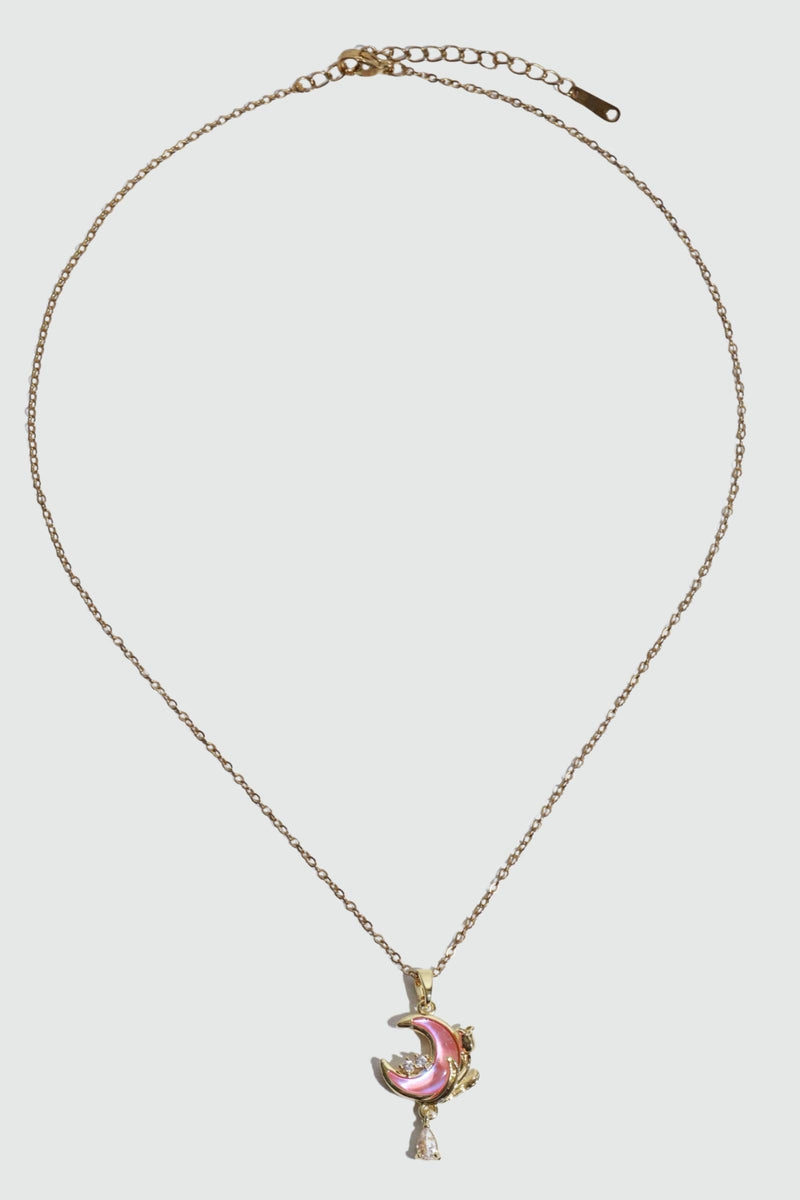 18K gold plated pink rose moon necklace with zirconia diamonds and pink moonstone