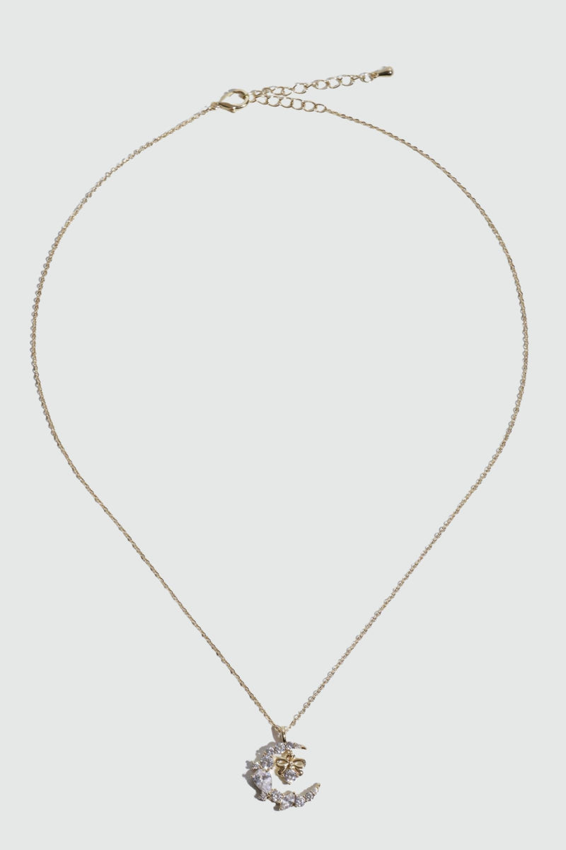 14K gold plated moon and bowknot necklace with sparkling zirconia diamonds
