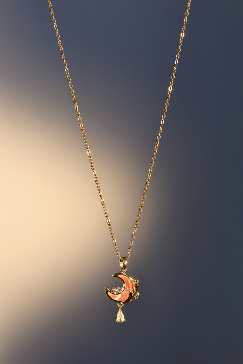 18K gold plated pink rose moon necklace with zirconia diamonds and pink moonstone