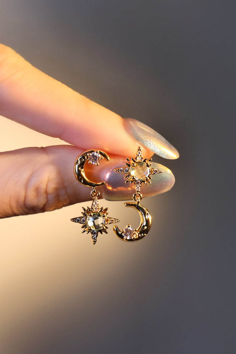 18K Real Gold Plated Moon Pole Star Earrings