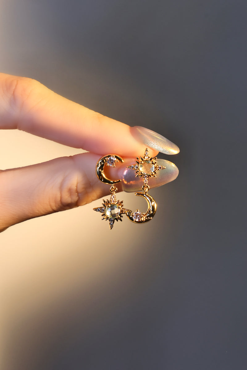 18K Real Gold Plated Moon Pole Star Earrings