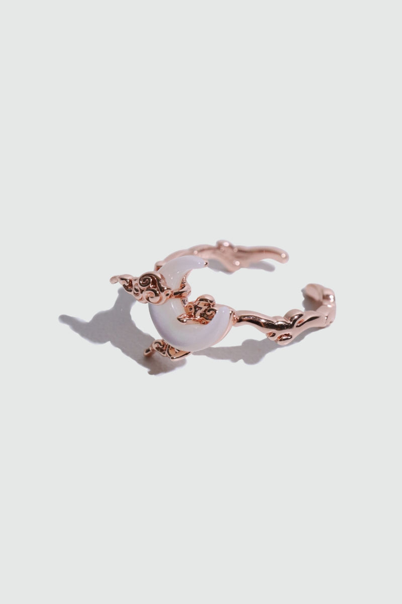 18K rose gold plated ring with a white natural shell moon on an adjustable band