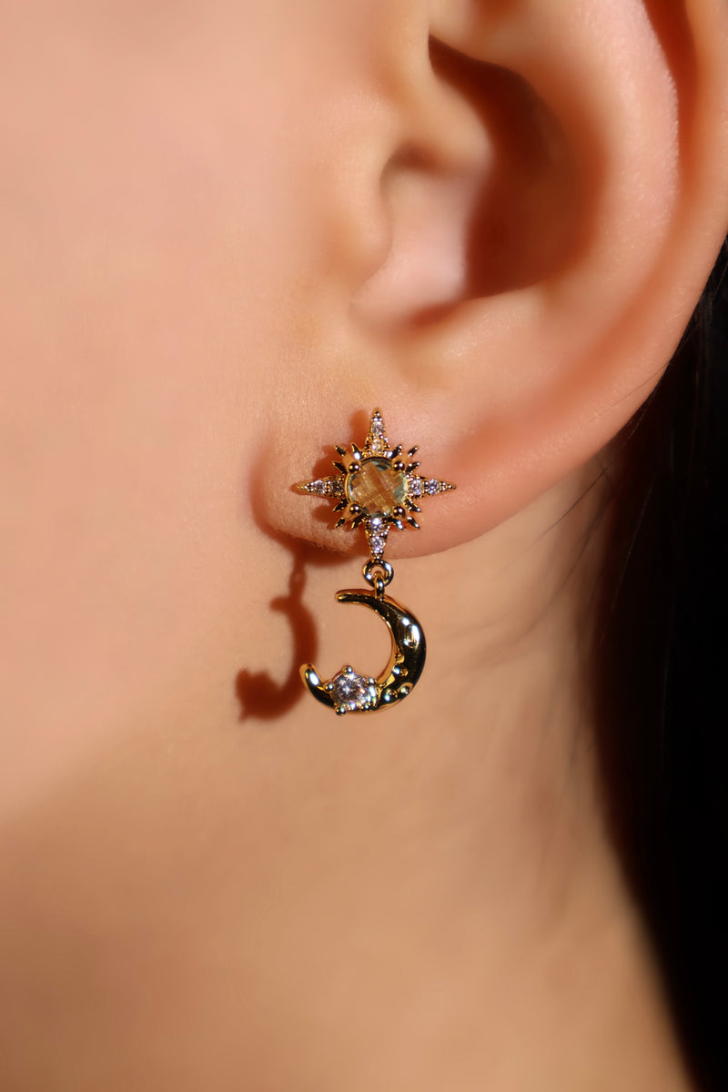 18K Real Gold Plated Moon Pole Star Earrings