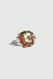 18K gold plated ring with a deep red crescent moon and sparkling zirconia on an adjustable band