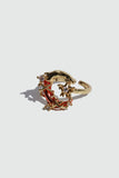 18K gold plated ring with a deep red crescent moon and sparkling zirconia on an adjustable band