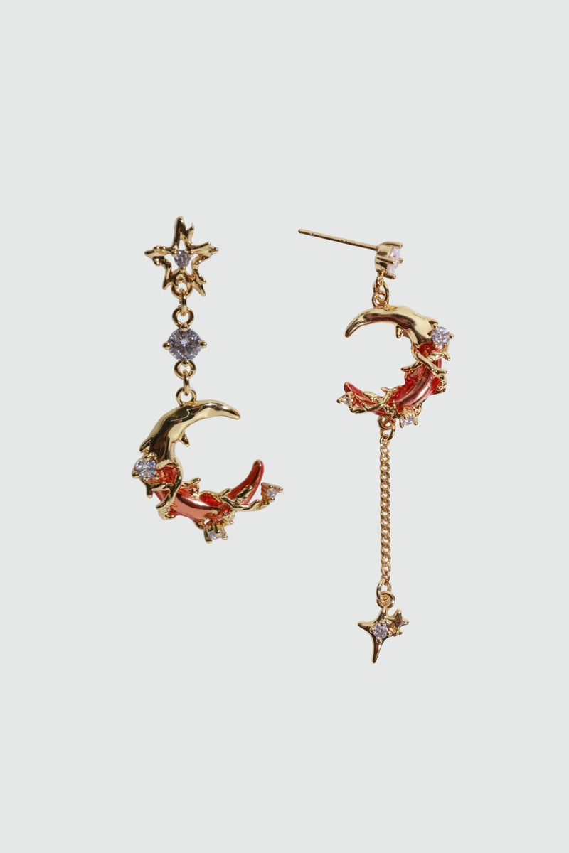 18K gold plated red crescent moon earrings with red resin and sparkling zirconia on sterling silver pins