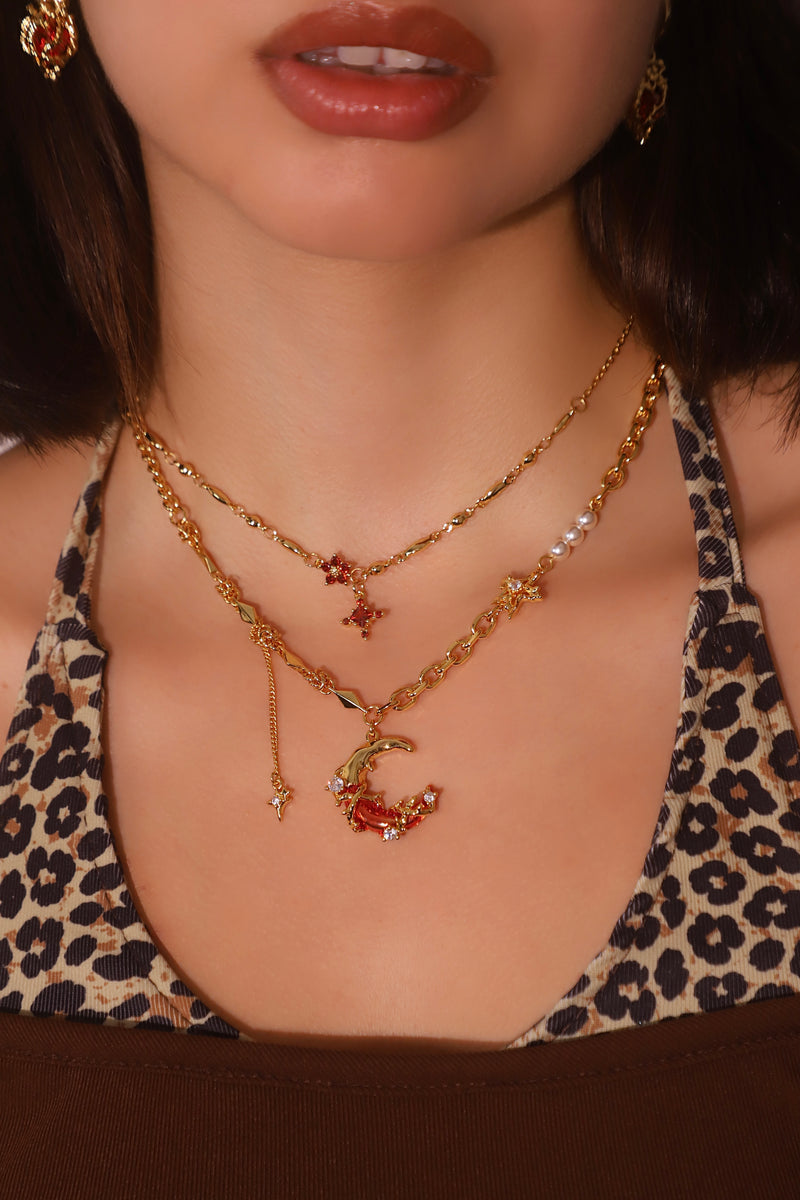 Real Gold Plated Ruby Star & Red Moon Necklace Pack