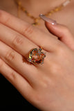 18K gold plated ring with a deep red crescent moon and sparkling zirconia on an adjustable band