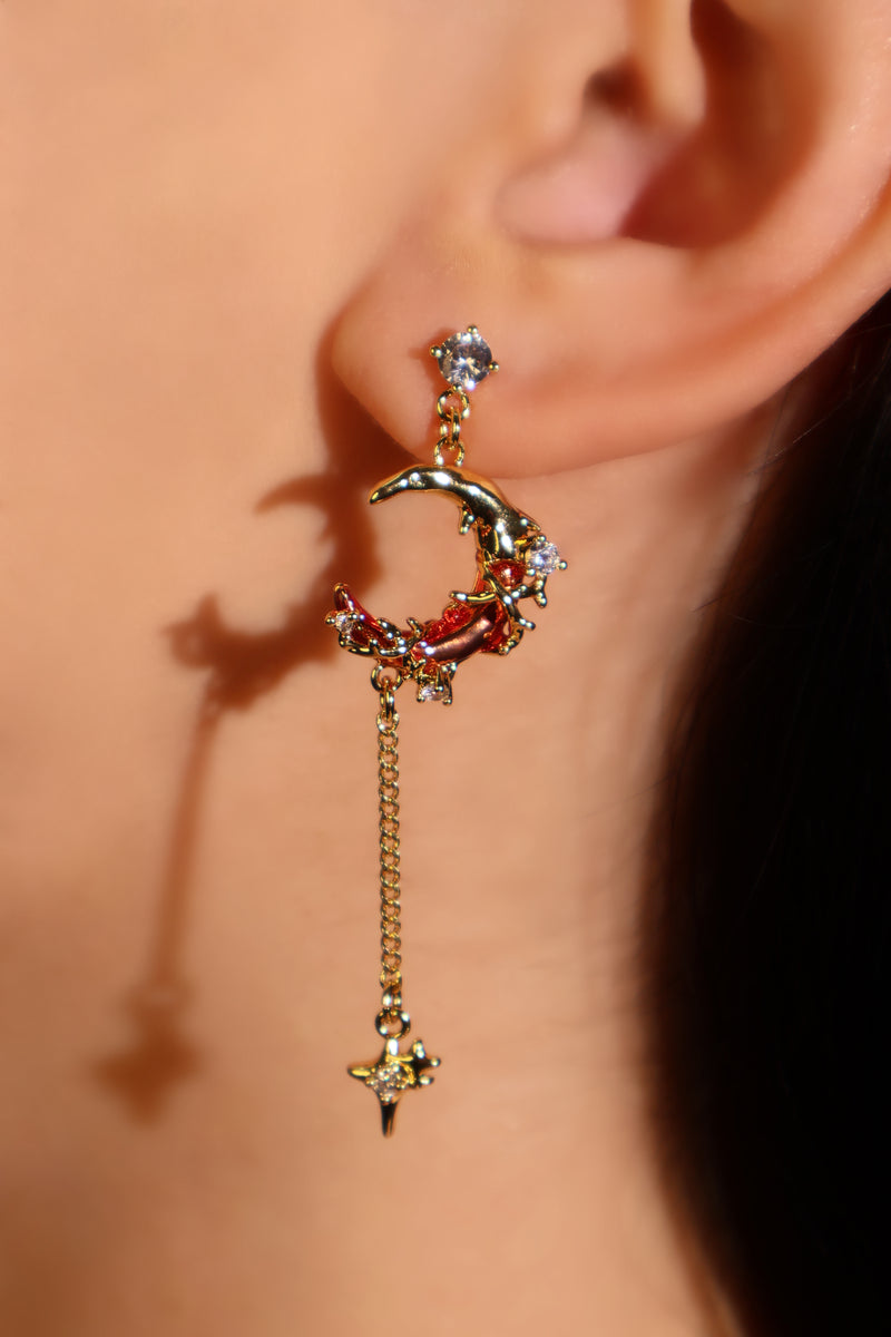 18K gold plated red crescent moon earrings with red resin and sparkling zirconia on sterling silver pins