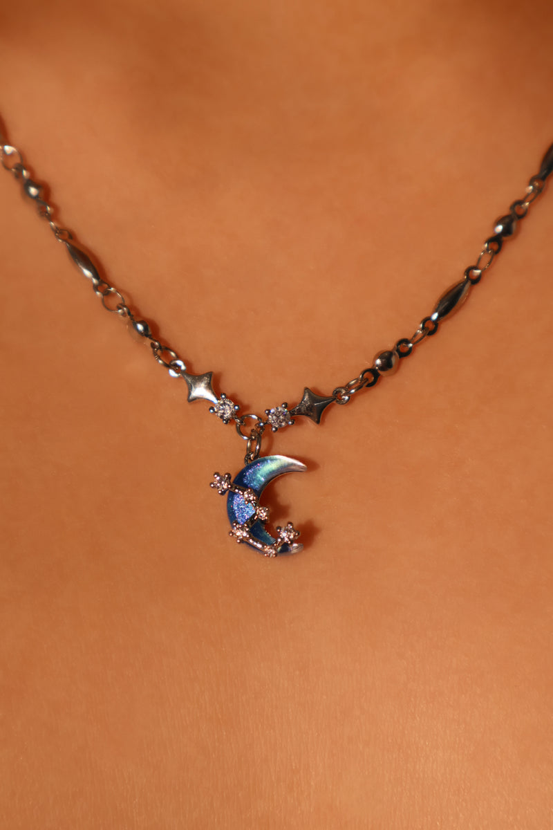 Palladium white-gold-plated moon and star necklace with a zirconia moonstone and zirconia diamonds