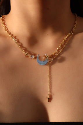 18K gold-plated chain necklace with moonstone, crescent moon and star charms