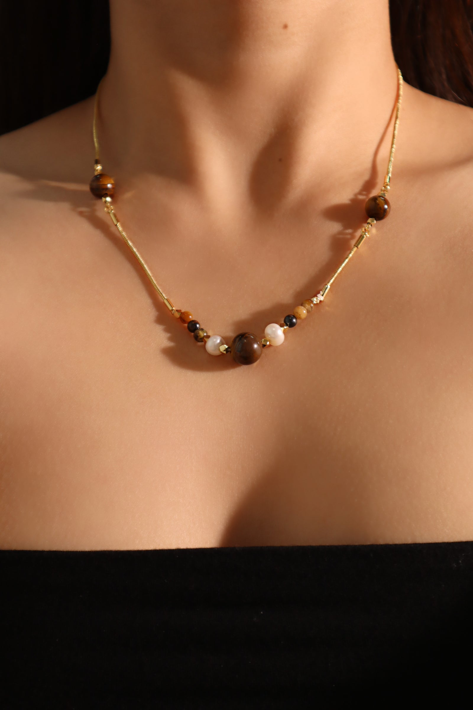 18K Real Gold Plated Multi Tigerite Brown Gem Necklace