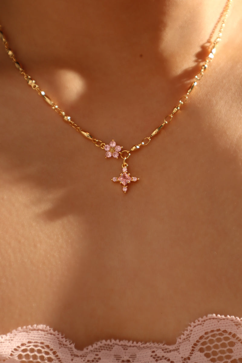 18K gold-plated cross necklace set with pink zirconia gemstones