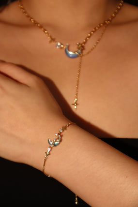18K gold-plated chain necklace with moonstone, crescent moon and star charms