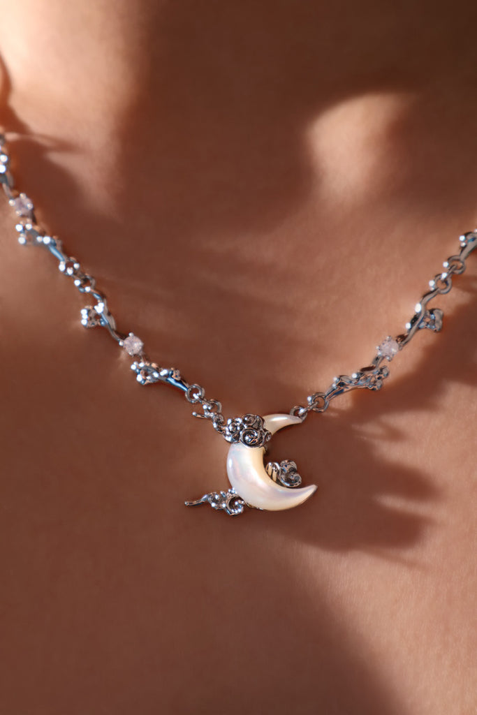 Platinum Plated Diamonds Natural Shell Moon Necklace – Cutethingscommin