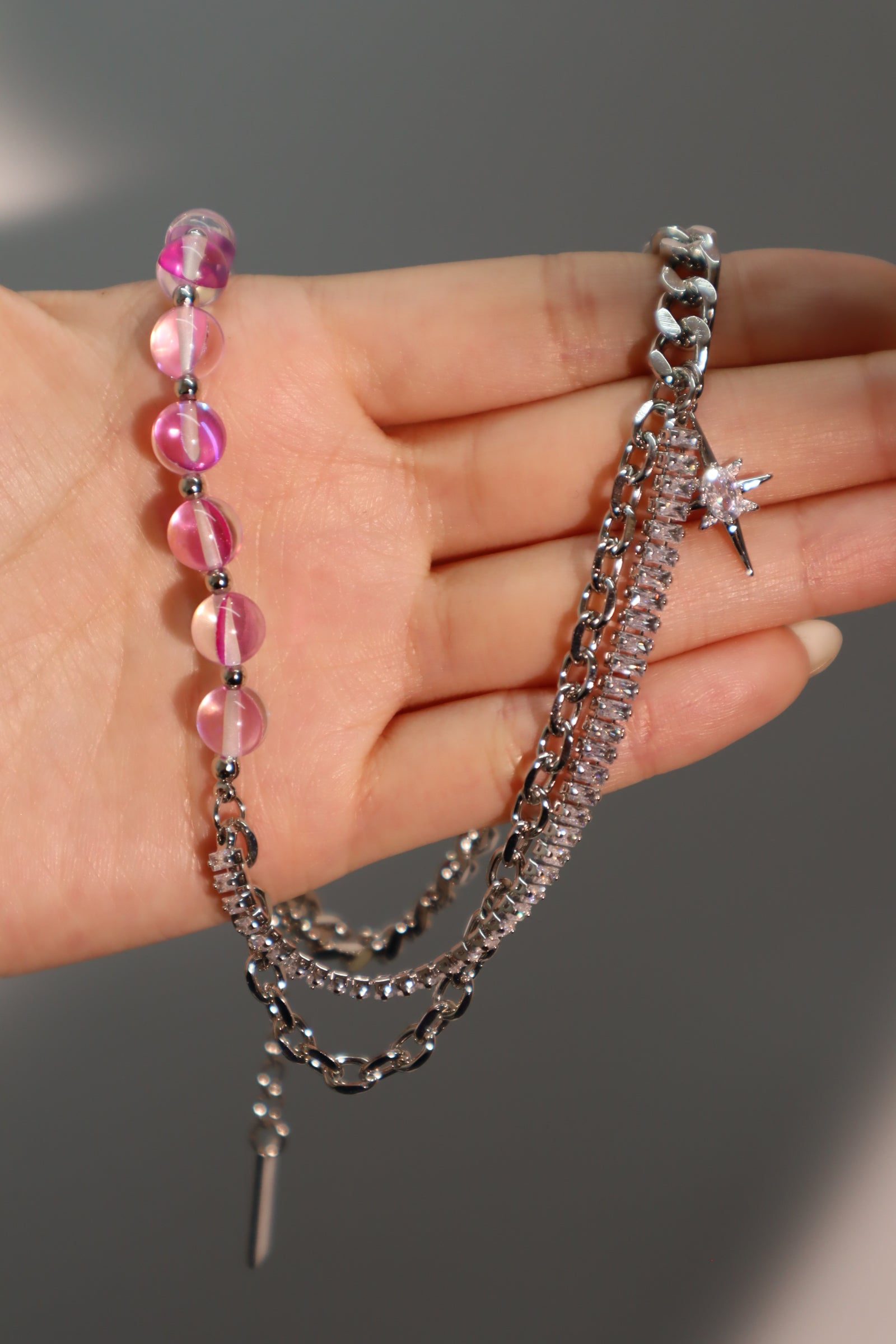 Platinum Plated Purple Beads Star Necklace