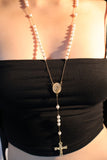 18K Gold Stainless Steel Pearls Cross Lariat Necklace