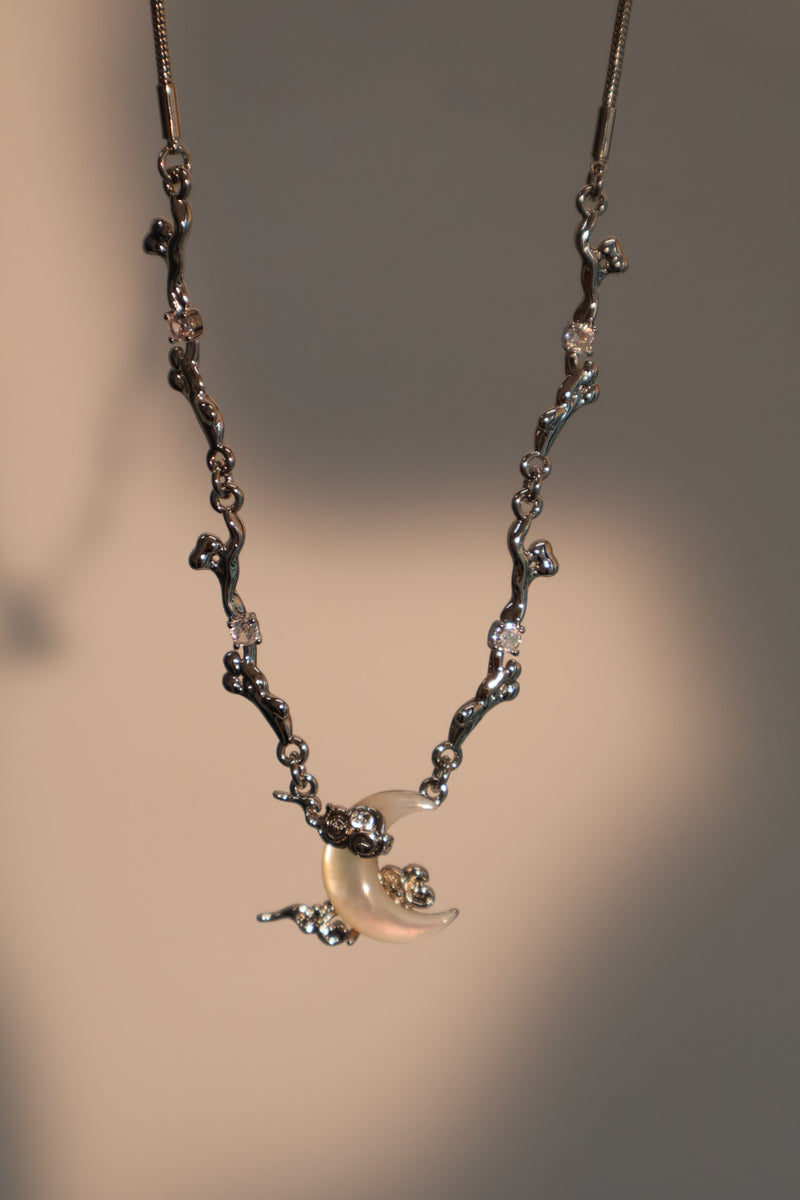 Palladium white gold plated crescent moon necklace with natural white shell pendant and zirconia diamonds