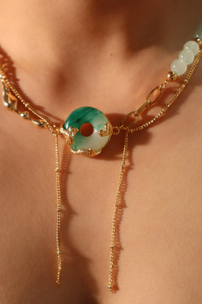 Gold-plated jade dragon chain necklace with green and white handmade jade beads