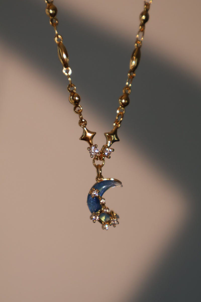 18K gold-plated necklace with moonstone, crescent moon and star charms