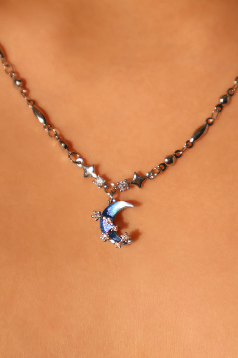 Palladium white-gold-plated moon and star necklace with a zirconia moonstone and zirconia diamonds