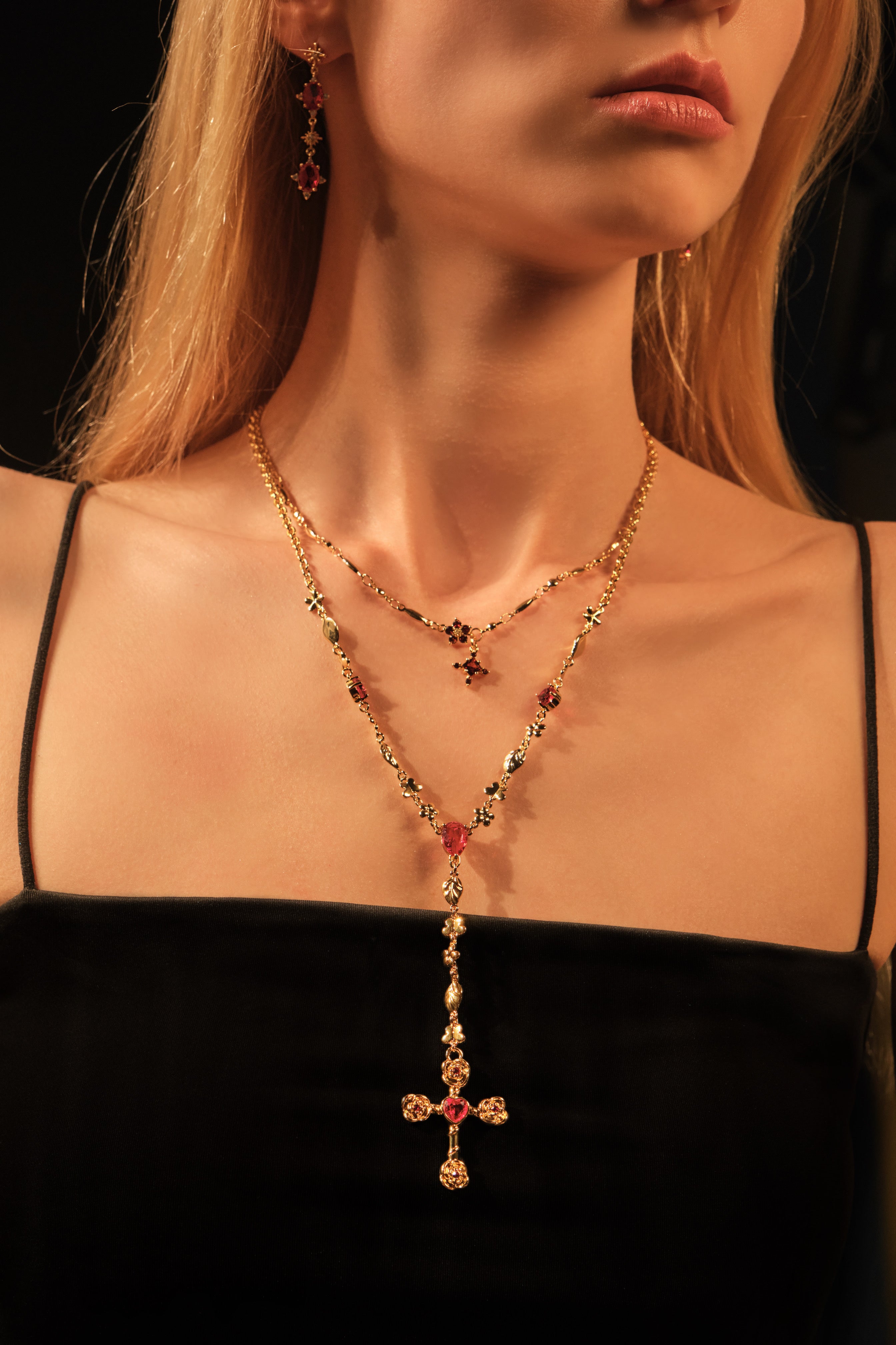 18K Real Gold Plated Red Gem Cross Lariat Necklace